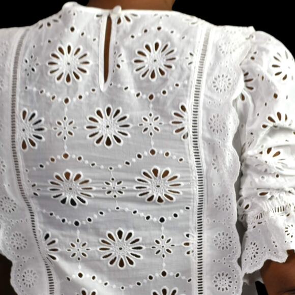 Veronica Beard Gale Blouse White Floral Eyelet Cotton Top Lattice Scallop Size 2 - Picture 5 of 16